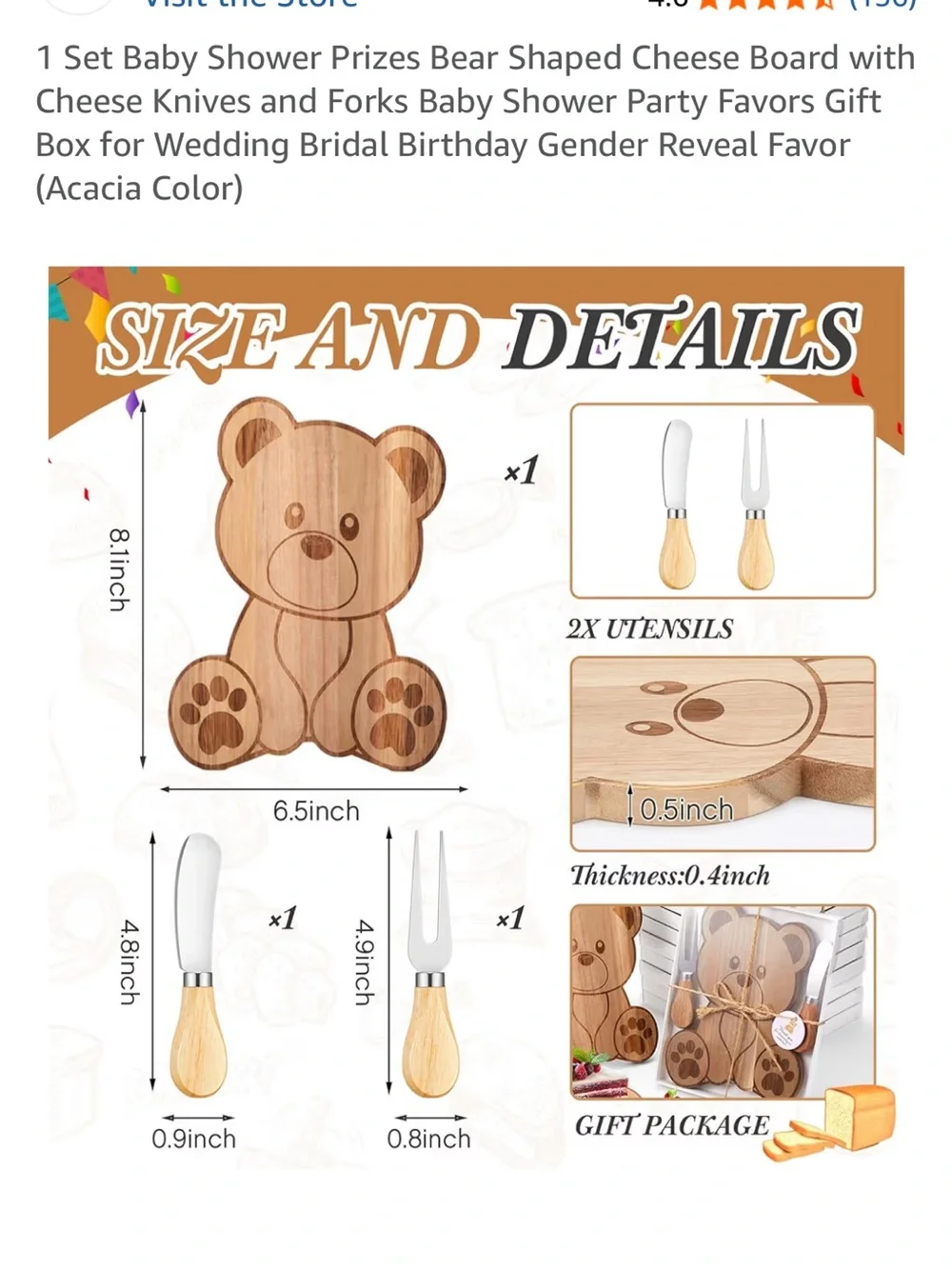 Teddy Bear Acacia Wood Cheese Board Set - Natural Brown